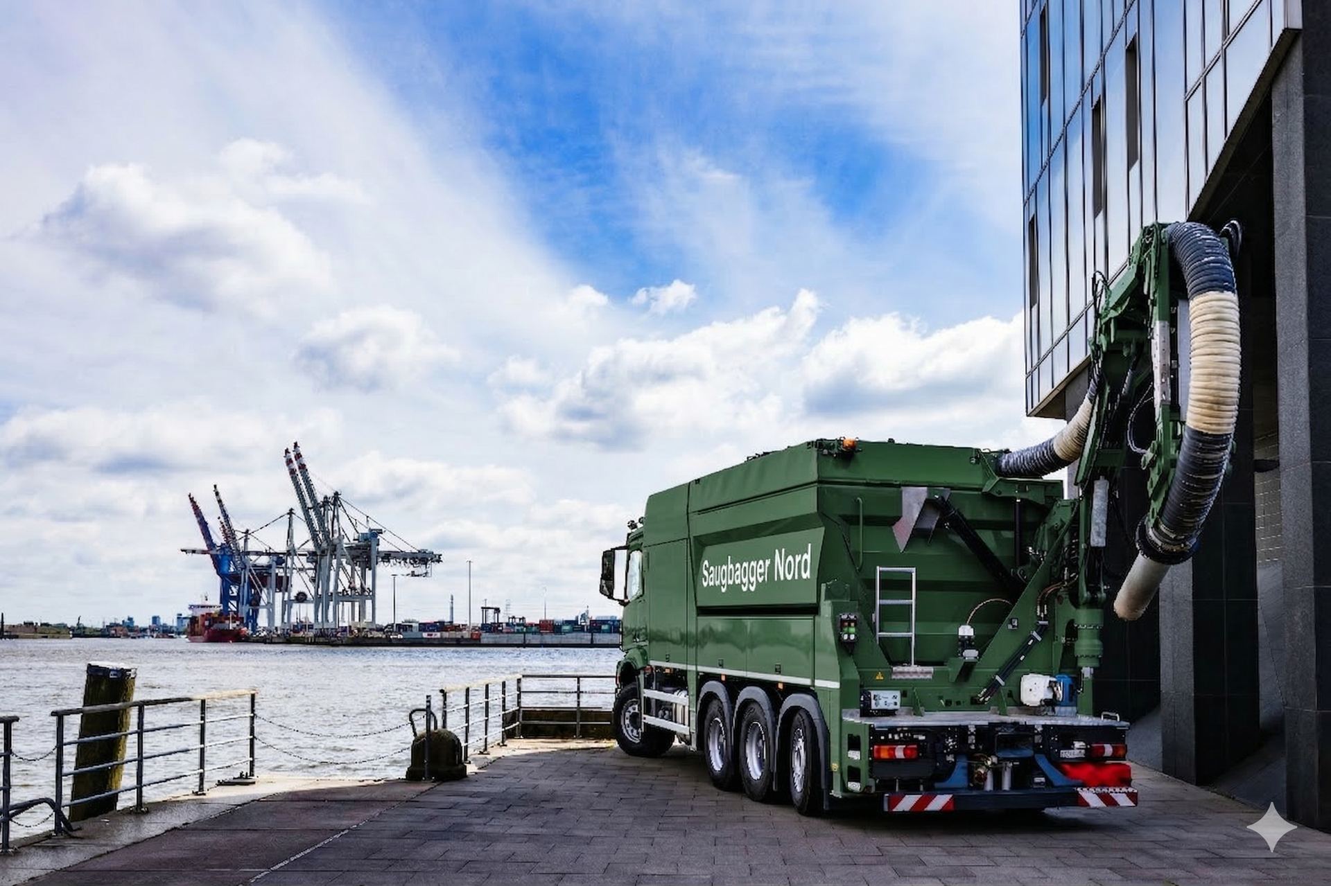 Saugbagger auf Lkw-Fahrgestell mit ausgefahrenem Saugarm an einer Kaikante